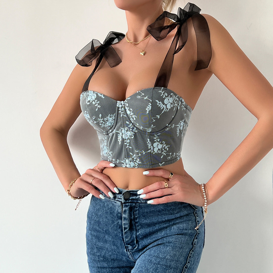 Wild Forest Whisper Sheer Ribbon Straps Corset Top