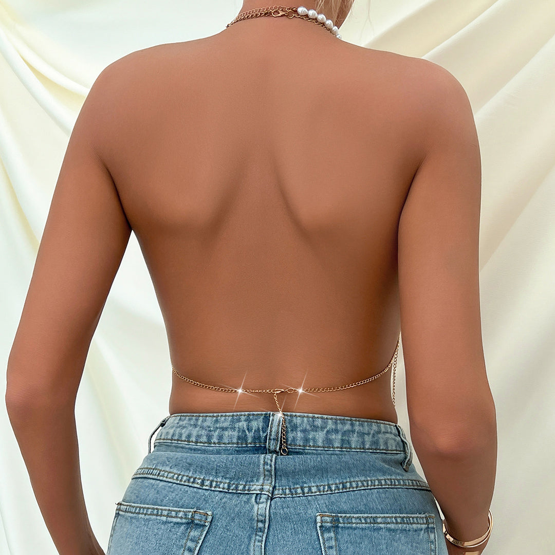 Temptress Twilight Festival Halter Top With Low Back Strap and Dangling Accents