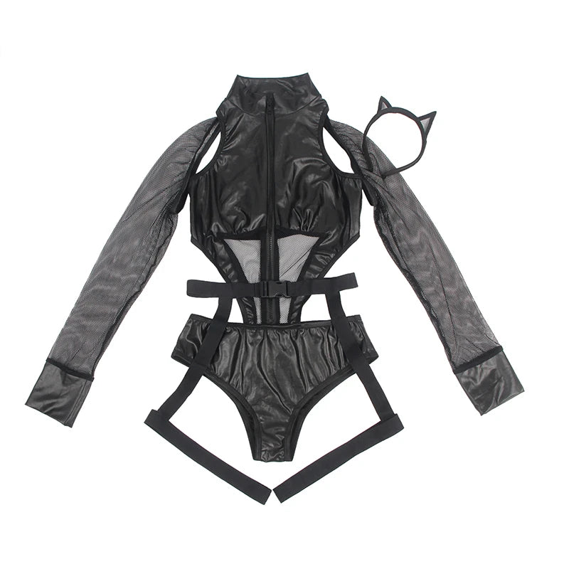 Midnight Obsession Cosplay Bodysuit with Fishnet Sleeves (PU Leather)