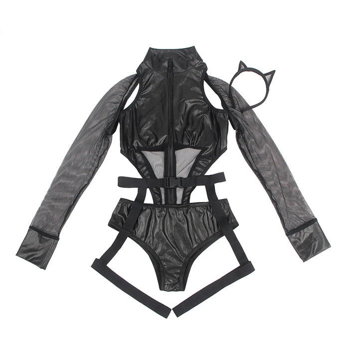Midnight Obsession Cosplay Bodysuit with Fishnet Sleeves (PU Leather)
