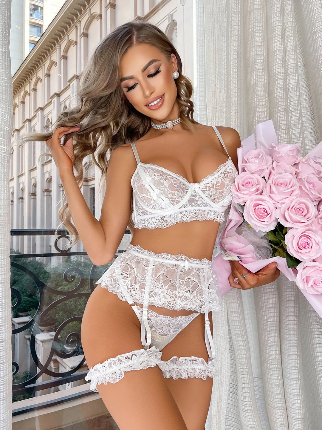 White Lace Puffy Skirt Lingerie Garter Set