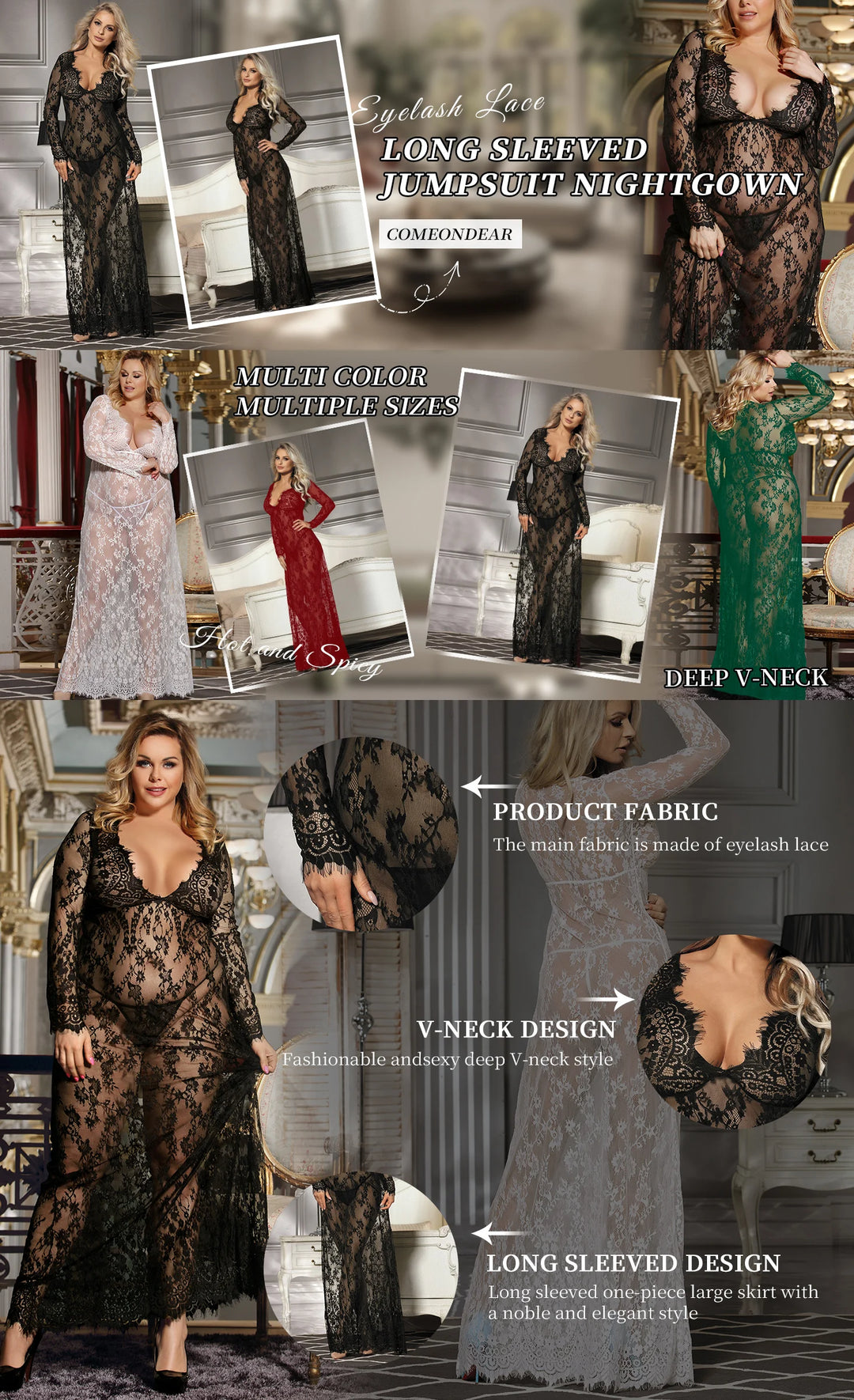 Goddess Fantasy Translucent Frills Delight Translucent Femme Long Night Robe With Lace & Floral Trims