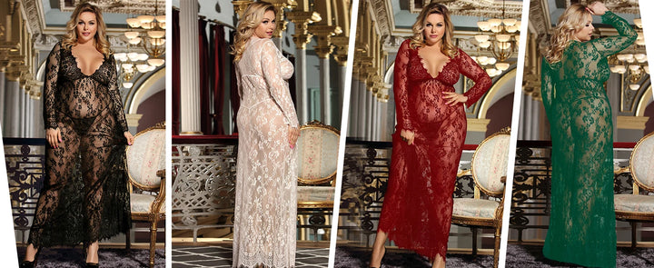 Goddess Fantasy Translucent Frills Delight Translucent Femme Long Night Robe With Lace & Floral Trims