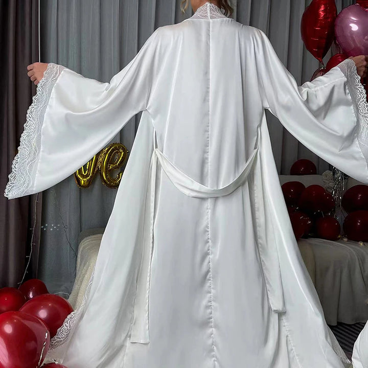 Silken Embrace White Satin Lace-Trimmed robe