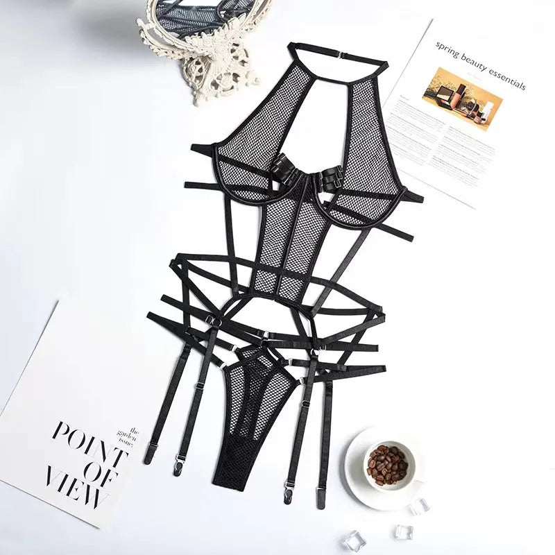 Mesh Sensual Lingerie +Garter + Panties Set