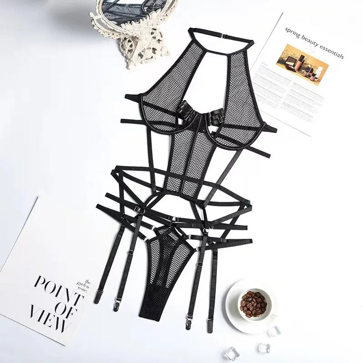 Mesh Sensual Lingerie +Garter + Panties Set