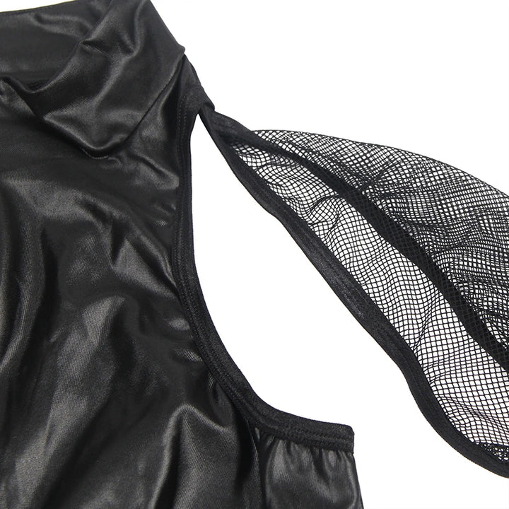 Midnight Obsession Cosplay Bodysuit with Fishnet Sleeves (PU Leather)