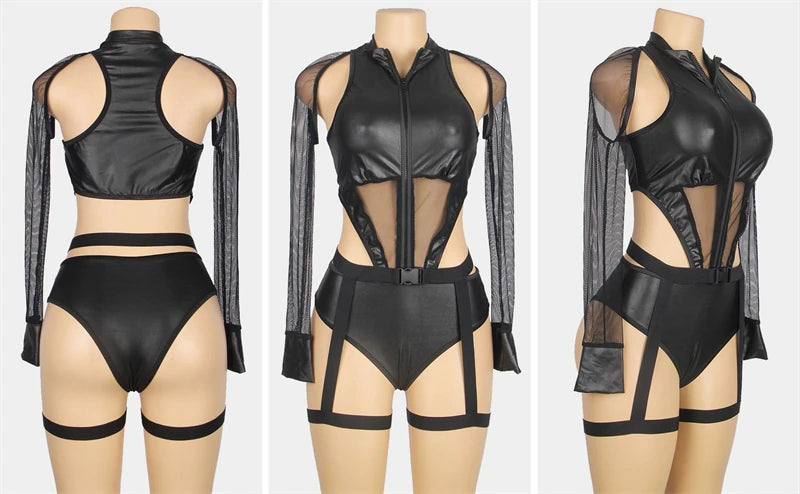 Midnight Obsession Cosplay Bodysuit with Fishnet Sleeves (PU Leather)