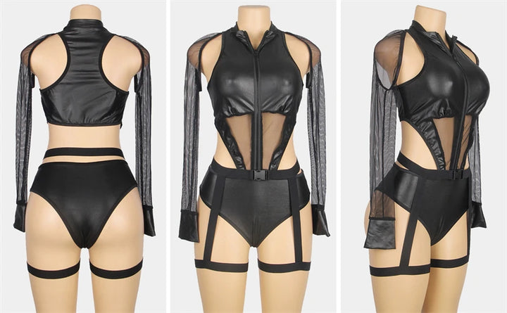Midnight Obsession Cosplay Bodysuit with Fishnet Sleeves (PU Leather)