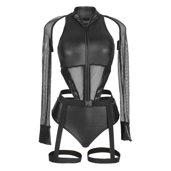 Midnight Obsession Cosplay Bodysuit with Fishnet Sleeves (PU Leather)