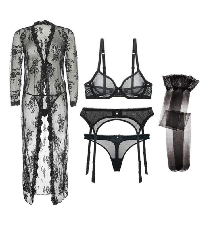 Ultra Thin See-Through 3/4 Cup Bra With Matching Thong, Garter, Stockings With Lace See Thru Robe