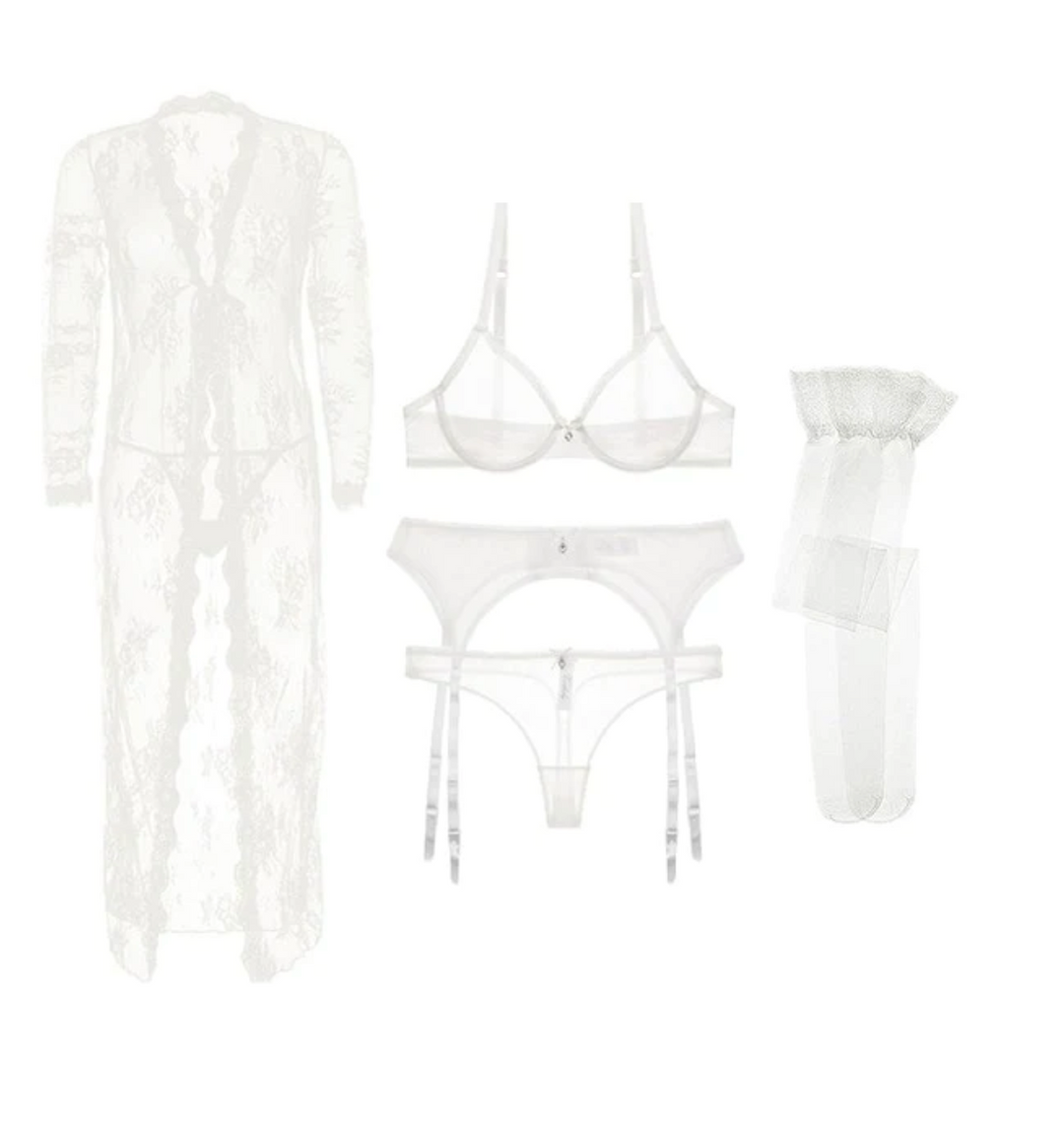 Ultra Thin See-Through 3/4 Cup Bra With Matching Thong, Garter, Stockings With Lace See Thru Robe