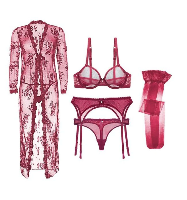 Ultra Thin See-Through 3/4 Cup Bra With Matching Thong, Garter, Stockings With Lace See Thru Robe