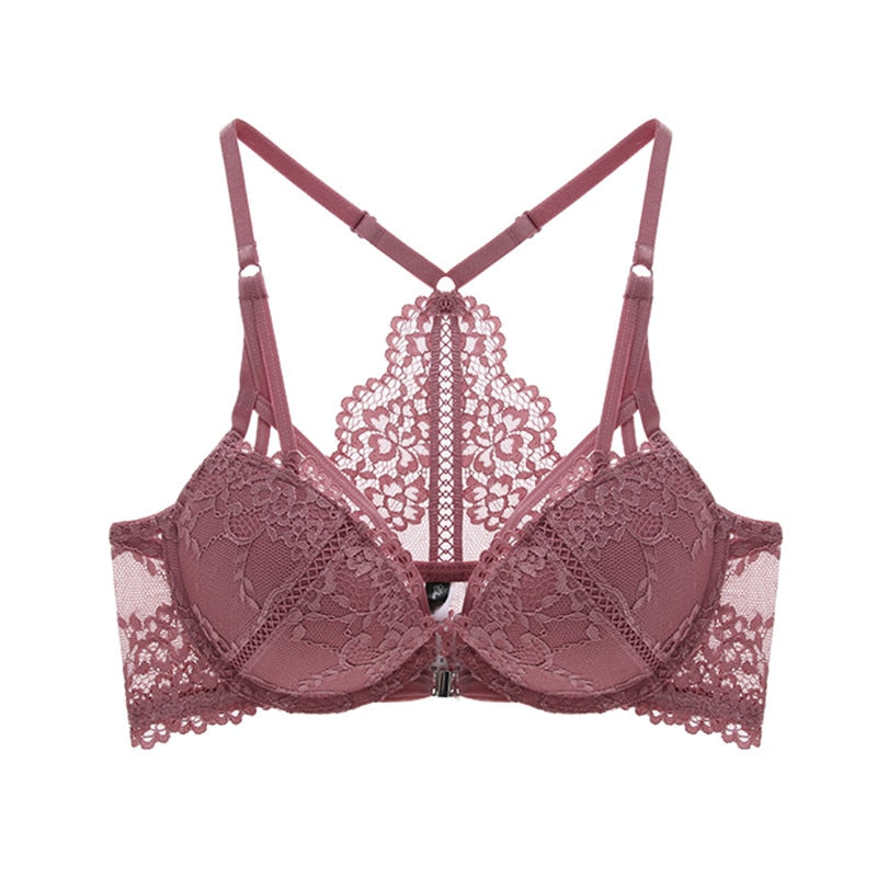 Floral Lace Back With Y-Line Straps And Eyelash Front Clasp Bra And Panty Set