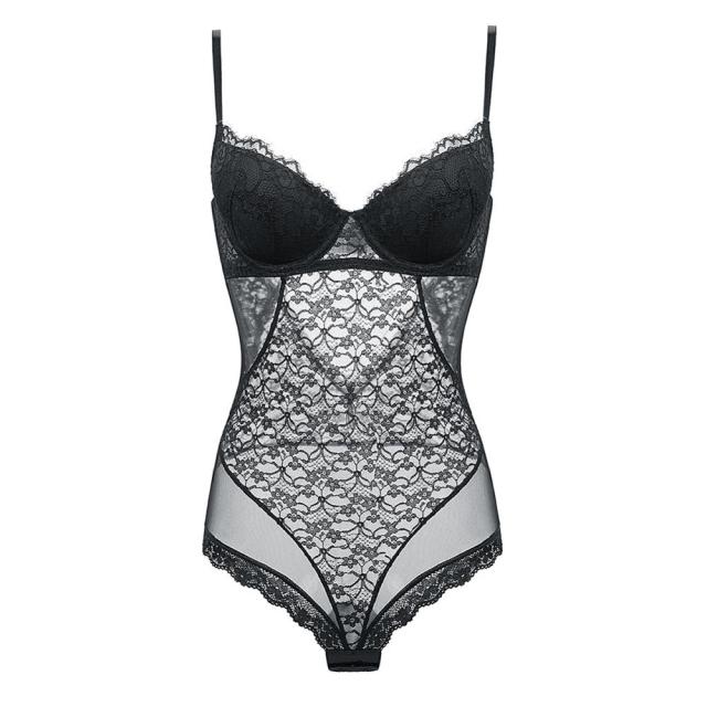 One-Piece Translucent Yarn Lace Bodysuit With Deep-V