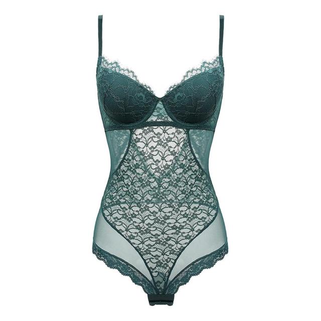 One-Piece Translucent Yarn Lace Bodysuit With Deep-V