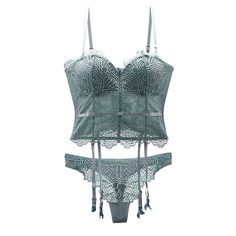 Sexy Floral Push-Up Bustier with 3/4 Cup, Matching Thongs and Garter Straps