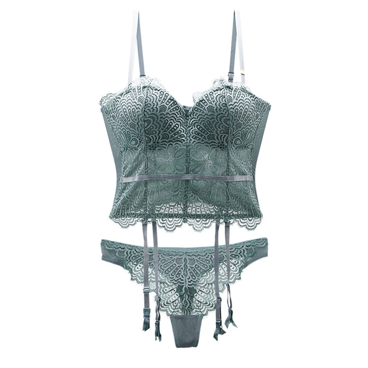 Sexy Floral Push-Up Bustier with 3/4 Cup, Matching Thongs and Garter Straps