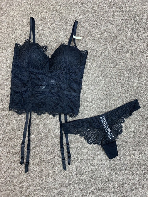 Sexy Floral Push-Up Bustier with 3/4 Cup, Matching Thongs and Garter Straps