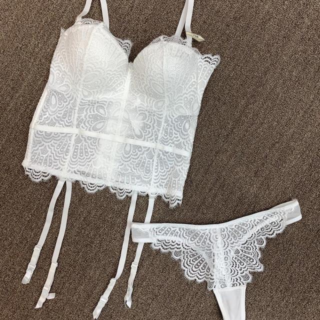 Sexy Floral Push-Up Bustier with 3/4 Cup, Matching Thongs and Garter Straps