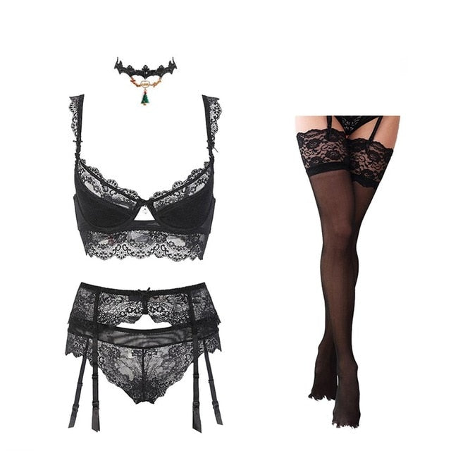 Dainty Full Lace Lingerie Set With Sexy Brassiere + Garters + Panties + Choker + Stockings