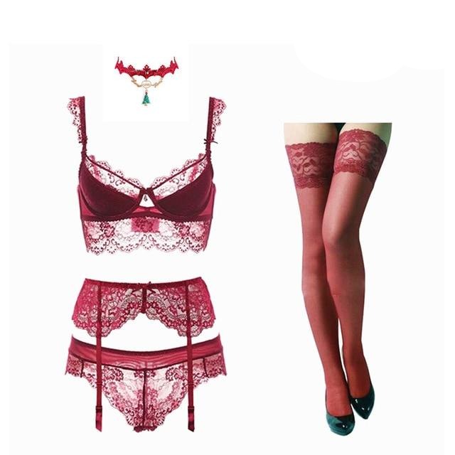 Dainty Full Lace Lingerie Set With Sexy Brassiere + Garters + Panties + Choker + Stockings