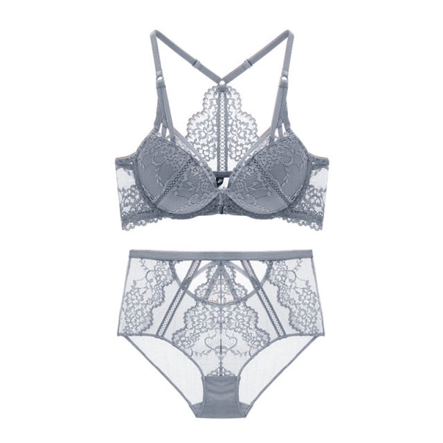Floral Lace Back With Y-Line Straps And Eyelash Front Clasp Bra And Panty Set