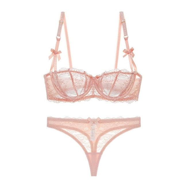 Translucent Lace Ribbon Design Half Cup Bra & Thong Set