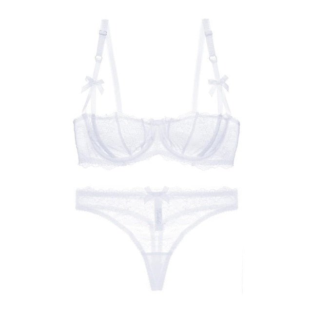 Translucent Lace Ribbon Design Half Cup Bra & Thong Set