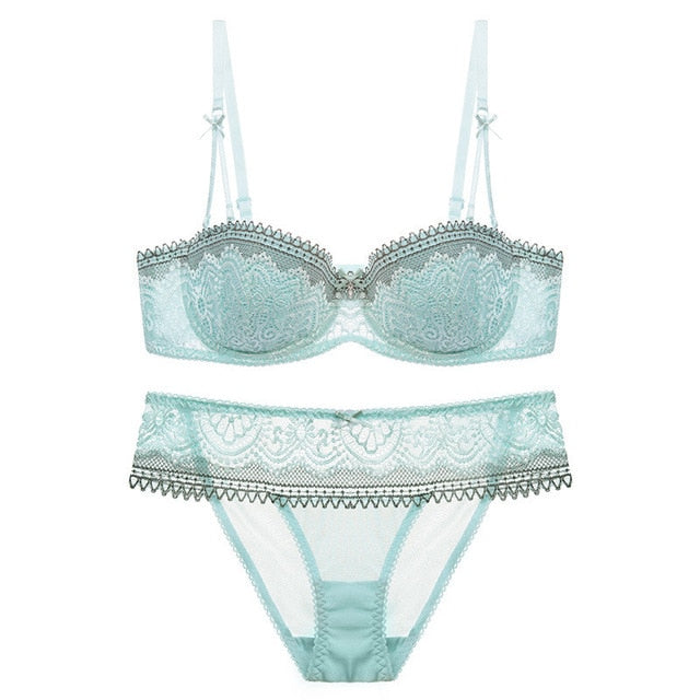 Intricate & Playful Half Cup Padded Lace Bra + Panty Set