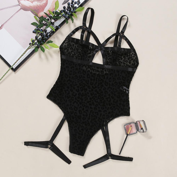 Leopard Print Lace Strappy See-Thru Bodysuit