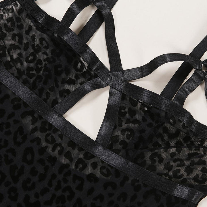 Leopard Print Lace Strappy See-Thru Bodysuit