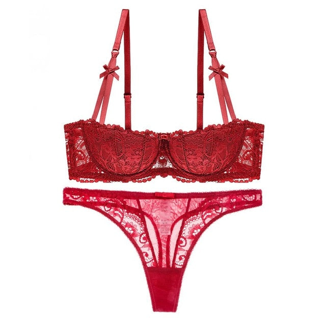 Floral Half Cup Bra With Matching Lace Thong