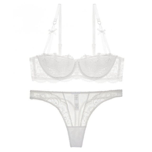 Floral Half Cup Bra With Matching Lace Thong