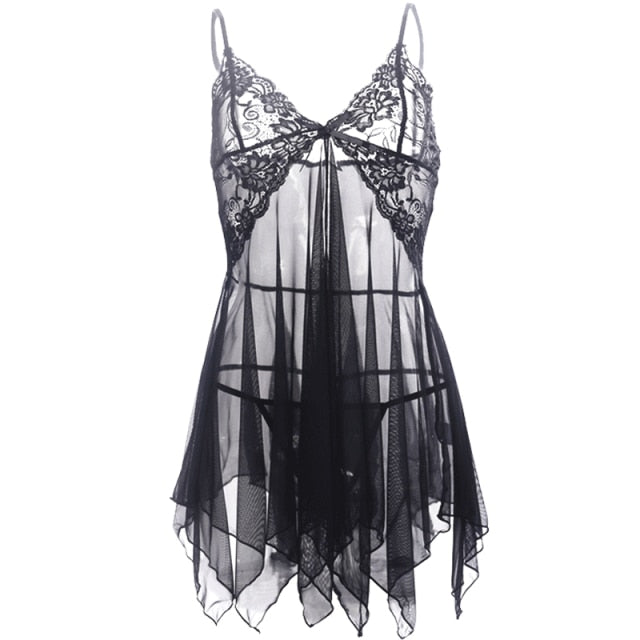 Sheer Lacy See-Thru Deep V Nightgown