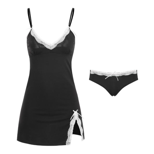 Sleeveless Lacy V-neck Nightgown With High Slit