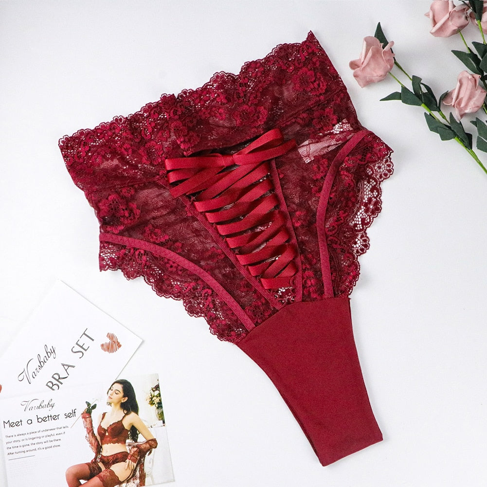Floral Lace Brassiere With Matching High Waist Ribbon Panty Set