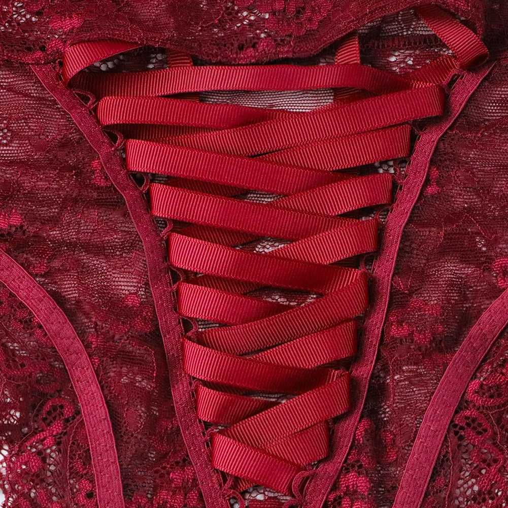 Floral Lace Brassiere With Matching High Waist Ribbon Panty Set