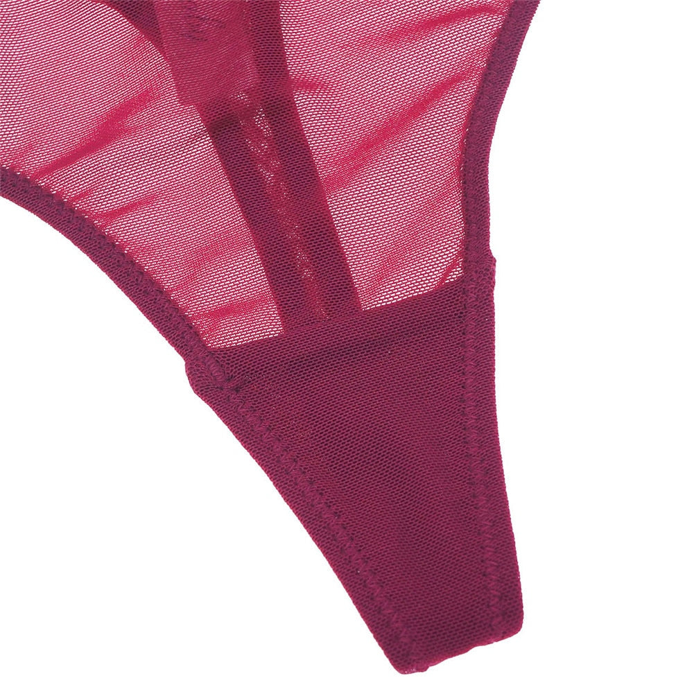 Ultra Thin See-Through 3/4 Cup Bra With Matching Thong, Garter, Stockings With Lace See Thru Robe