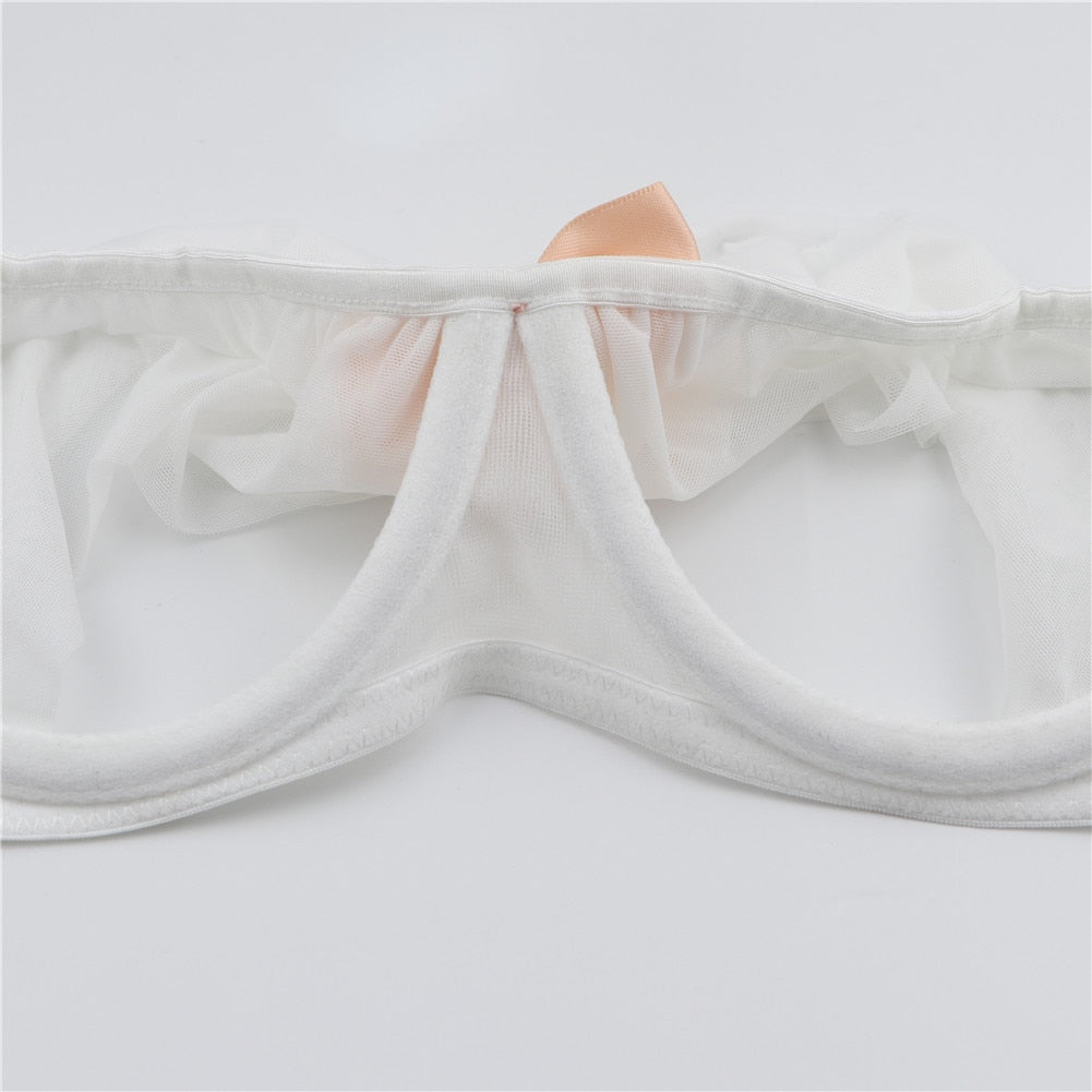 Ruffled Bra With Crotchless Panty + Garter 4 Pc set