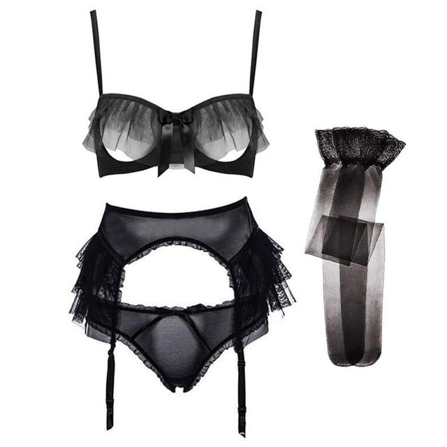 Ruffled Bra With Crotchless Panty + Garter 4 Pc set