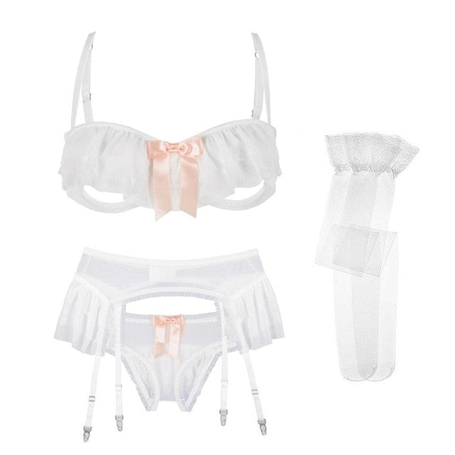 Ruffled Bra With Crotchless Panty + Garter 4 Pc set