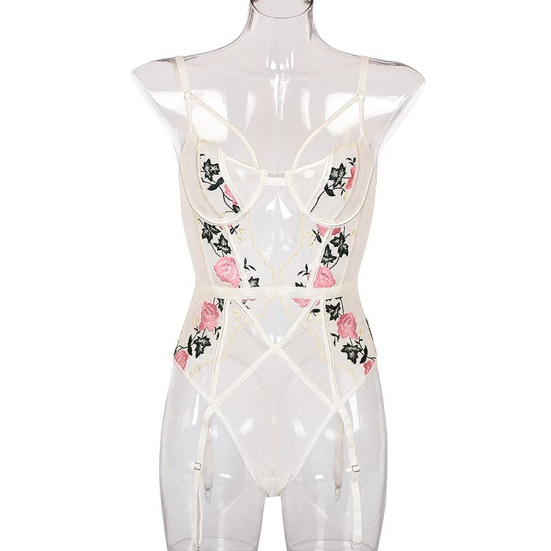 Embroidered Roses Translucent One-Piece
