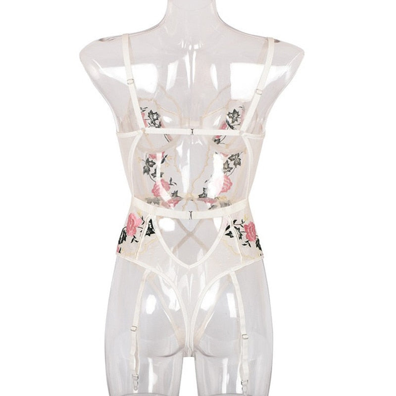 Embroidered Roses Translucent One-Piece