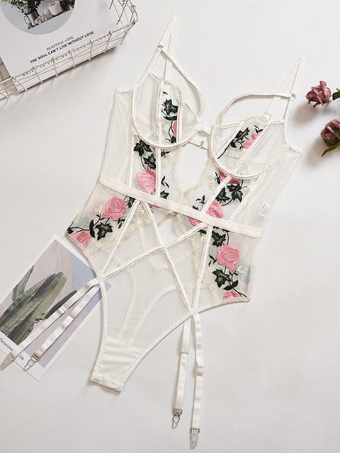 Embroidered Roses Translucent One-Piece