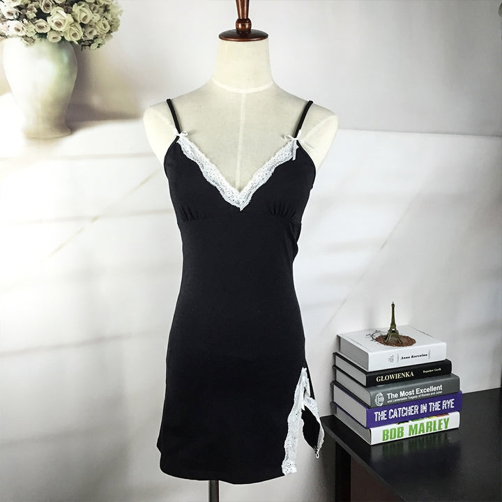 Sleeveless Lacy V-neck Nightgown With High Slit