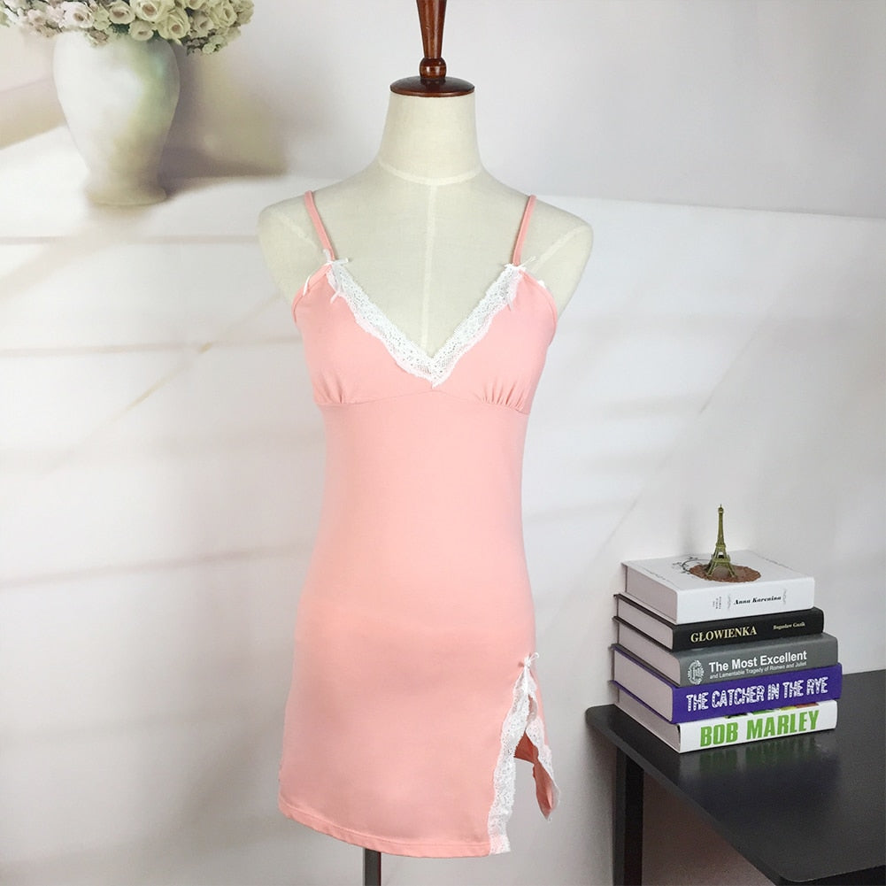 Sleeveless Lacy V-neck Nightgown With High Slit