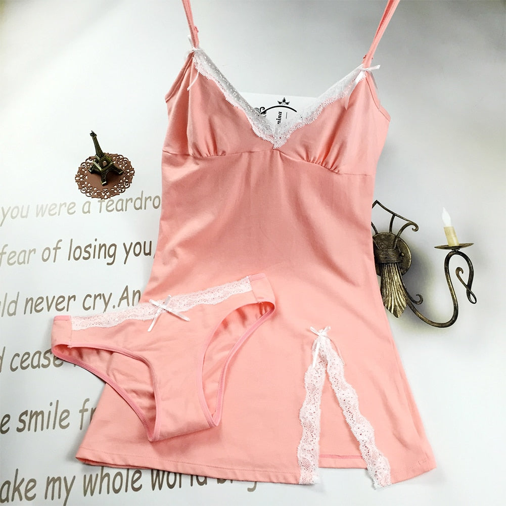 Sleeveless Lacy V-neck Nightgown With High Slit