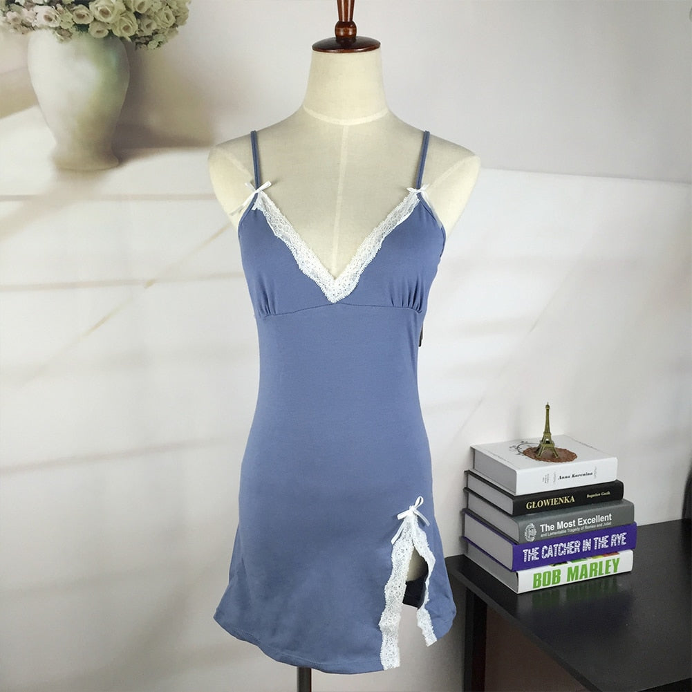 Sleeveless Lacy V-neck Nightgown With High Slit