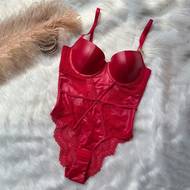 Sensual Style PU Leather And Lace Bodysuit
